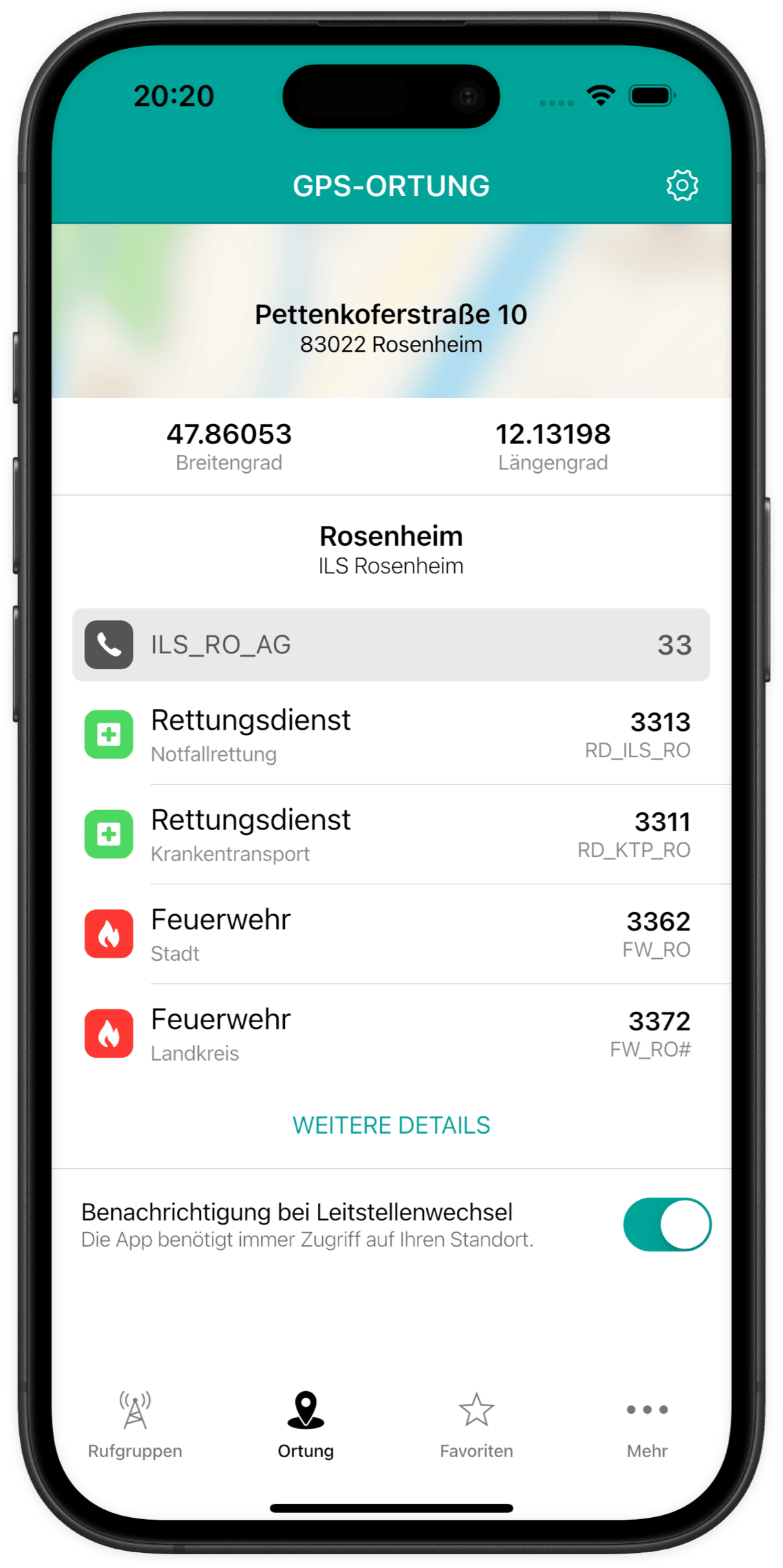 BOS Funk Deutschland auf dem iPhone: Die GPS-Ortung zeigt die zuständige Leitstelle ILS Rosenheim mit den Rufgruppen und Kurzwahlen von Rettungsdienst und Feuerwehr.