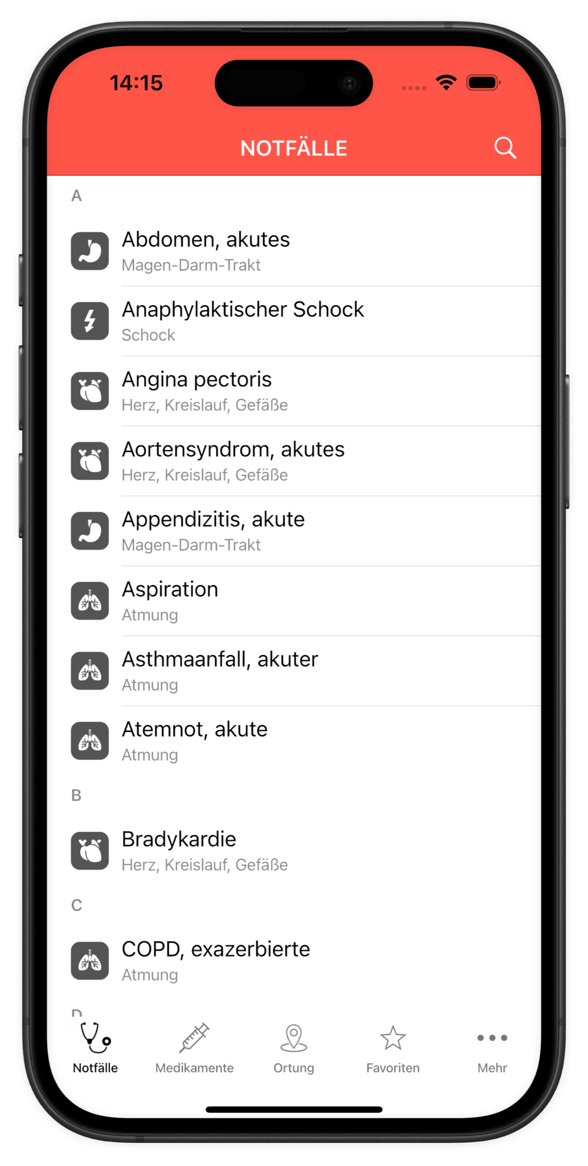 Rettungsdienst App auf dem iPhone: alphabetische Liste der Notfallbilder von „Abdomen, akutes“ bis „COPD, exazerbierte“, jeweils mit Fachgebiet.